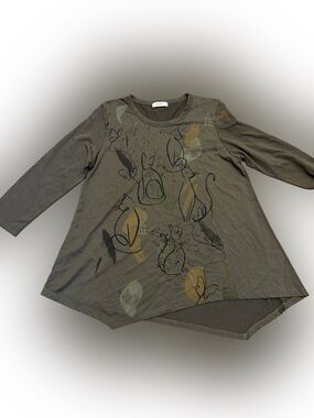 Olive Green Cat Graphic Long Sleeve Women’s Top Size L  Made in USA